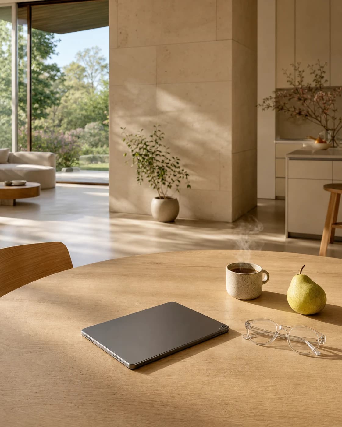 A closed tablet, reading glasses, coffee, and a pear on a sunlit table in a contemporary home