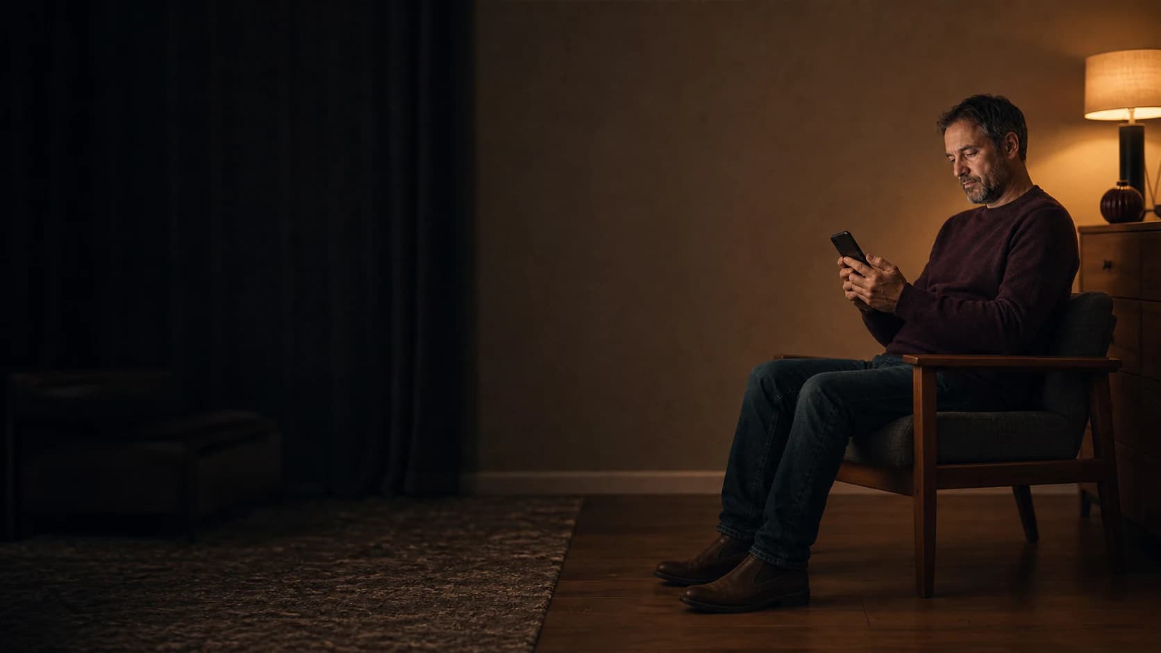 An adult son at home in the evening, reviewing Financial Care on his phone under a warm lamp