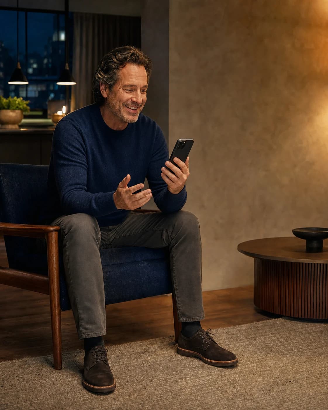 A son in his forties on his couch in the evening, recording a voice message for his mother's reminder